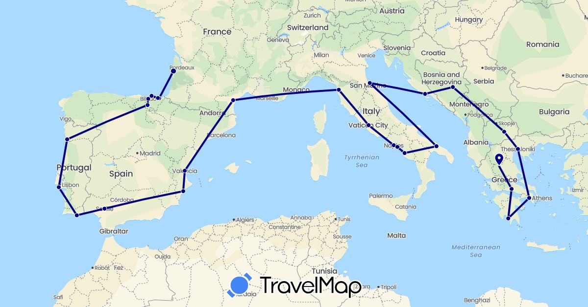 TravelMap itinerary: driving in Bosnia and Herzegovina, Spain, France, Greece, Croatia, Italy, Macedonia, Portugal (Europe)